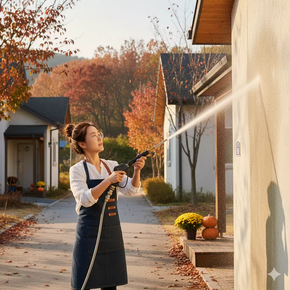 건물의 외벽을 물청소 하는 여성