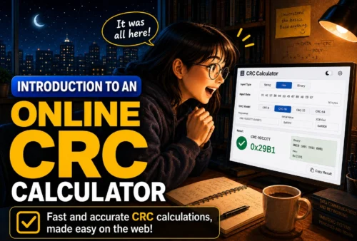 A student wearing glasses studies CRC calculations late at night and happily realizes that an online CRC calculator provides the needed answer