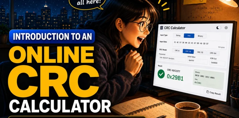 A student wearing glasses studies CRC calculations late at night and happily realizes that an online CRC calculator provides the needed answer