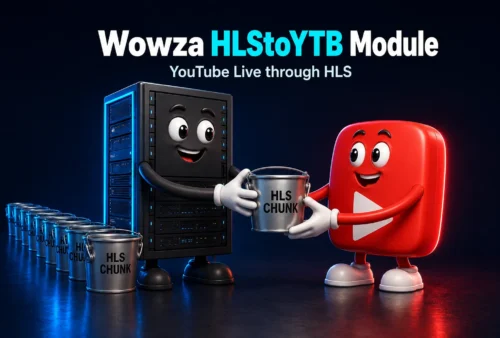 Wowza Streaming Engine server hands an HLS CHUNK bucket to a smiling YouTube character, with more HLS chunks queued for live-stream delivery Horizontal Thumbnail