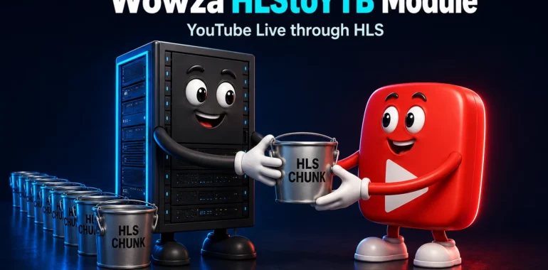 Wowza Streaming Engine server hands an HLS CHUNK bucket to a smiling YouTube character, with more HLS chunks queued for live-stream delivery Horizontal Thumbnail