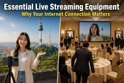 A live streamer at N Seoul Tower and viewers leaving a buffering live stream wide thumbnail