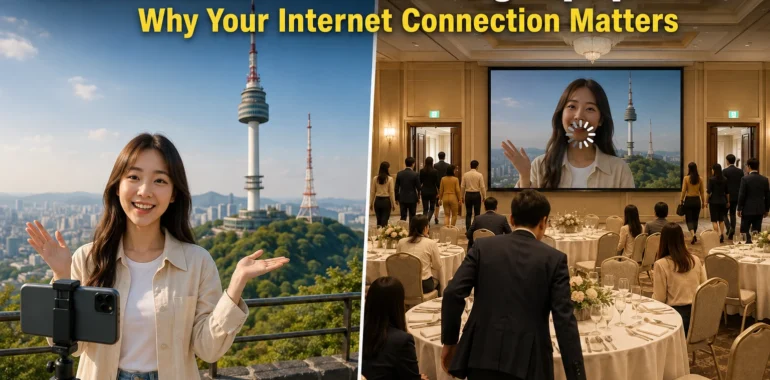 A live streamer at N Seoul Tower and viewers leaving a buffering live stream wide thumbnail