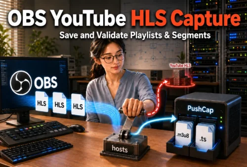 An engineer redirects OBS YouTube HLS output through a hosts setting to a PushCap server that saves M3U8 playlists and TS media segments. horizontal thumbnail