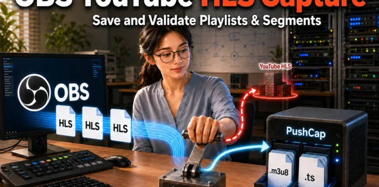 An engineer redirects OBS YouTube HLS output through a hosts setting to a PushCap server that saves M3U8 playlists and TS media segments. horizontal thumbnail