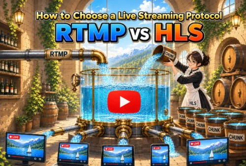 A horizontal thumbnail image illustrating the operational differences between HLS and RTMP streaming protocols