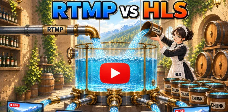 A horizontal thumbnail image illustrating the operational differences between HLS and RTMP streaming protocols