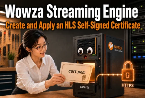 A horizontal thumbnail image depicting the registration of an HLS private certificate in the Java truststore of a Wowza Streaming Engine server to establish an HTTPS connection.