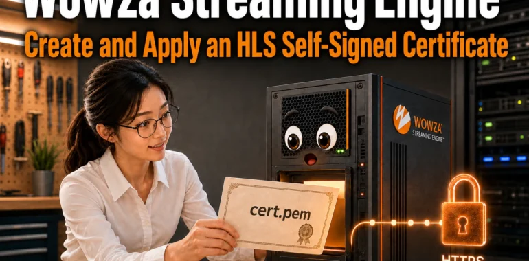A horizontal thumbnail image depicting the registration of an HLS private certificate in the Java truststore of a Wowza Streaming Engine server to establish an HTTPS connection.