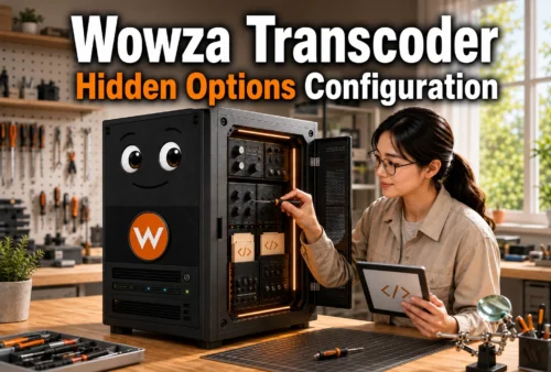 An engineer configures hidden options inside the open service panel of an anthropomorphic Wowza Transcoder server. Horizontal image