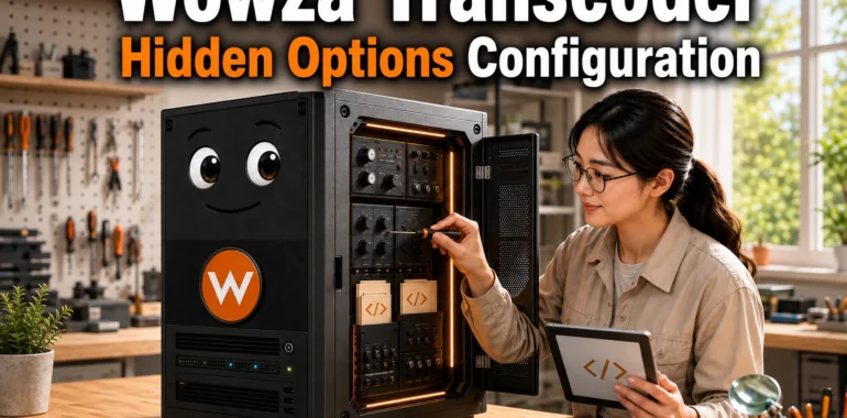 An engineer configures hidden options inside the open service panel of an anthropomorphic Wowza Transcoder server. Horizontal image