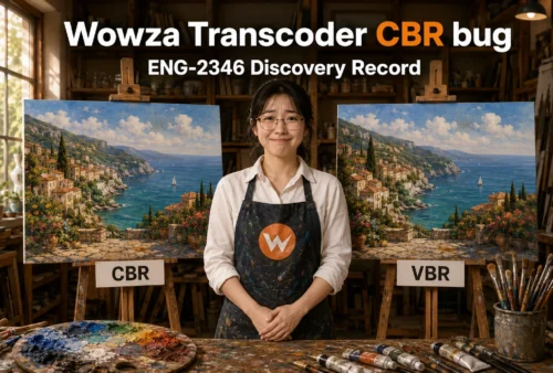 A horizontal thumbnail image depicting identical outputs in both CBR and VBR modes due to a bug in the Wowza Streaming Engine Transcoder.