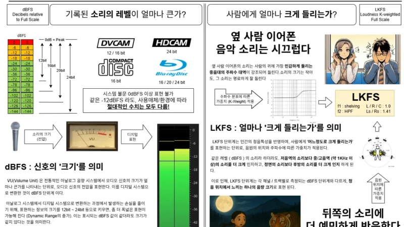 dBFS와 VU로 표현하는 오디오 레벨, LKFS와 LUFS로 표현하는 라우드니스의 차이를 설명한 인포그래픽