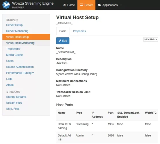 와우자 스트리밍 엔진 매니저의 Virtual Host Setup 화면