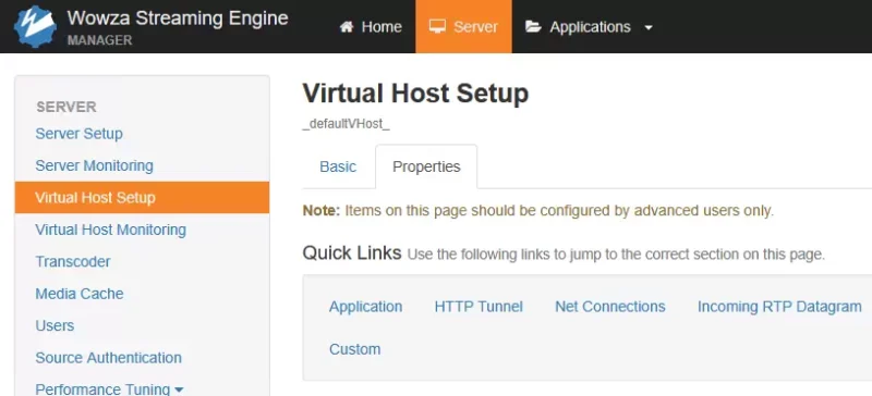 와우자 Virtual Host Setup의 Properties 탭 화면