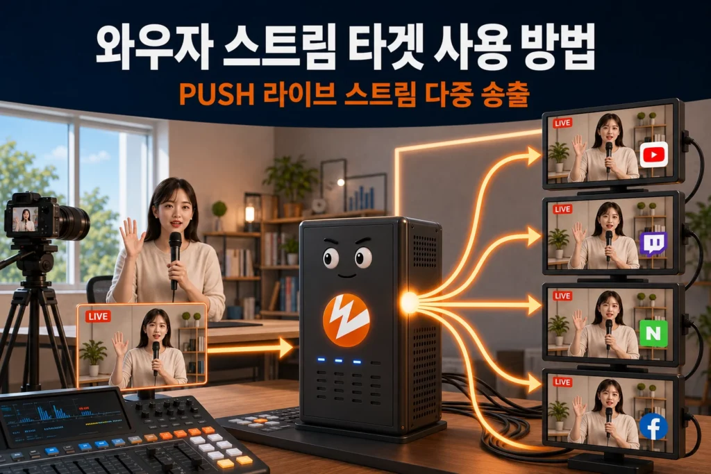 와우자 스트리밍 엔진의 스트림 타겟 기능을 이용해 하나의 라이브 스트림을 여러 플랫폼으로 동시 송출하는 것을 묘사한 가로 섬네일 이미지