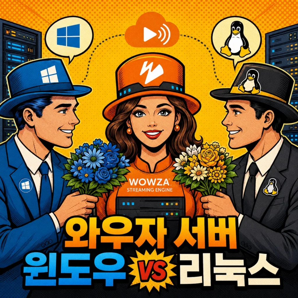 와우자 스트리밍 엔진을 중앙의 서버 캐릭터로 표현하고, 좌우의 윈도우와 리눅스가 각각 운영 환경 후보로 제시되는 모습을 그린 1:1 섬네일 이미지다. 하드웨어 트랜스코딩, 유지보수, 안정성 차이를 바탕으로 와우자 운영에 적합한 OS를 비교하는 글의 주제를 시각화했다.
