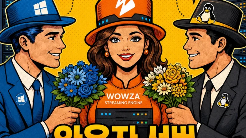 와우자 스트리밍 엔진을 중앙의 서버 캐릭터로 표현하고, 좌우의 윈도우와 리눅스가 각각 운영 환경 후보로 제시되는 모습을 그린 1:1 섬네일 이미지다. 하드웨어 트랜스코딩, 유지보수, 안정성 차이를 바탕으로 와우자 운영에 적합한 OS를 비교하는 글의 주제를 시각화했다.