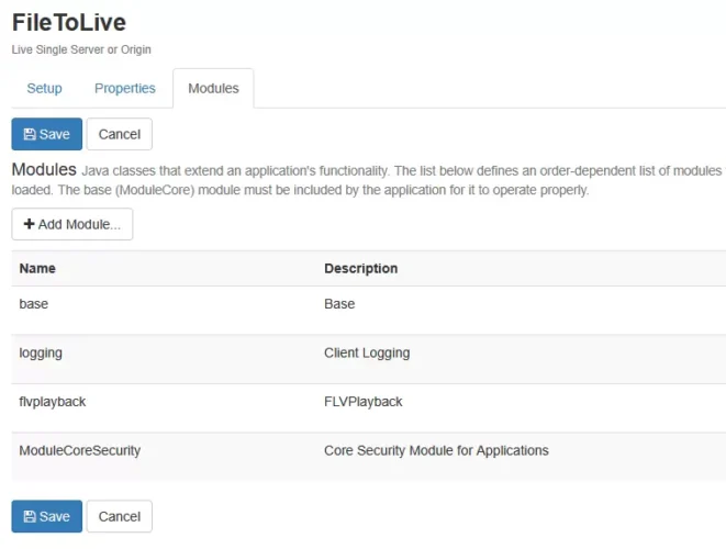 와우자 FileToLive 어플리케이션의 모듈 목록 편집 화면과 Add Module 버튼