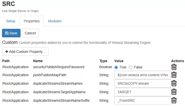 와우자 SRC 어플리케이션에 duplicateStreams 관련 Custom Property 세 개가 추가된 모습