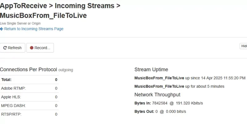 AppToReceive 어플리케이션에서 복제된 MusicBoxFrom_FileToLive 스트림의 수신 상태