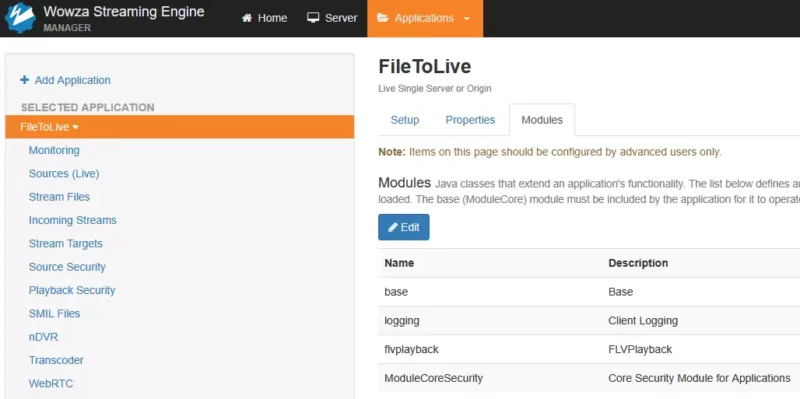 와우자 FileToLive 어플리케이션의 Modules 탭과 등록된 모듈 목록
