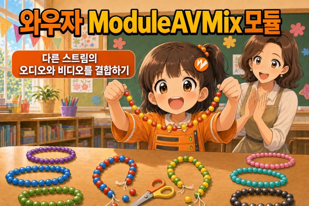 두 스트림의 오디오와 비디오를 분리해 새로운 스트림을 생성하는 것을 묘사한 와우자 ModuleAVMix 설명 가로 섬네일