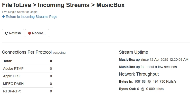 FileToLive 어플리케이션의 Incoming Streams에서 MusicBox 스트림의 처리량이 표시된 모습