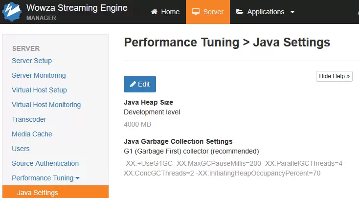 와우자 스트리밍 엔진 Performance Tuning의 Java Settings 화면