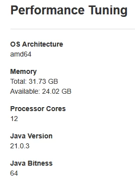 와우자 Performance Tuning 화면에 OS 아키텍처, 메모리, Processor Cores 12개, Java 버전과 비트 수가 표시되고 있다