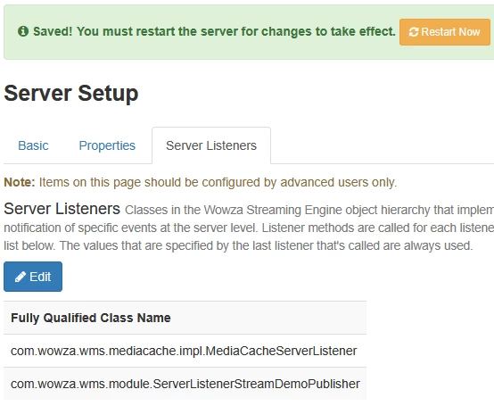 서버 리스너 목록에 ServerListenerStreamDemoPublisher 클래스가 추가되고 재시작 안내가 표시된 모습