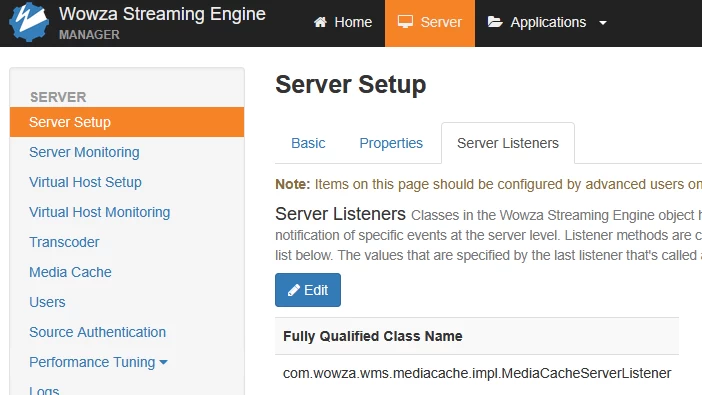 와우자 Server Setup의 Server Listeners 탭에 등록된 서버 리스너 목록이 표시된 모습