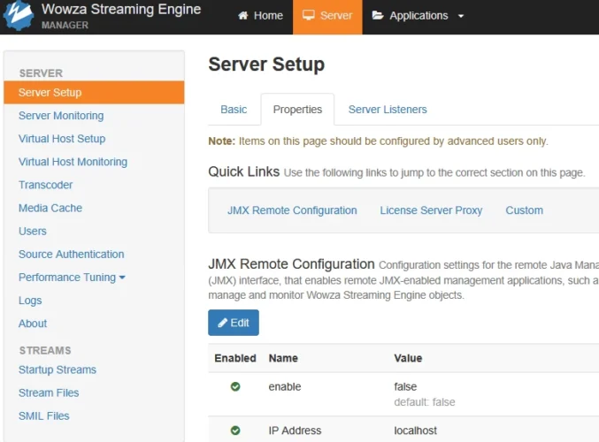 와우자 Server Setup의 Properties 탭에 JMX Remote Configuration과 Custom 항목이 표시된 모습