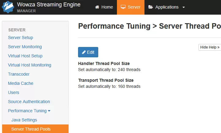 와우자 스트리밍 엔진 매니저의 Performance Tuning > Server Thread Pools 화면
