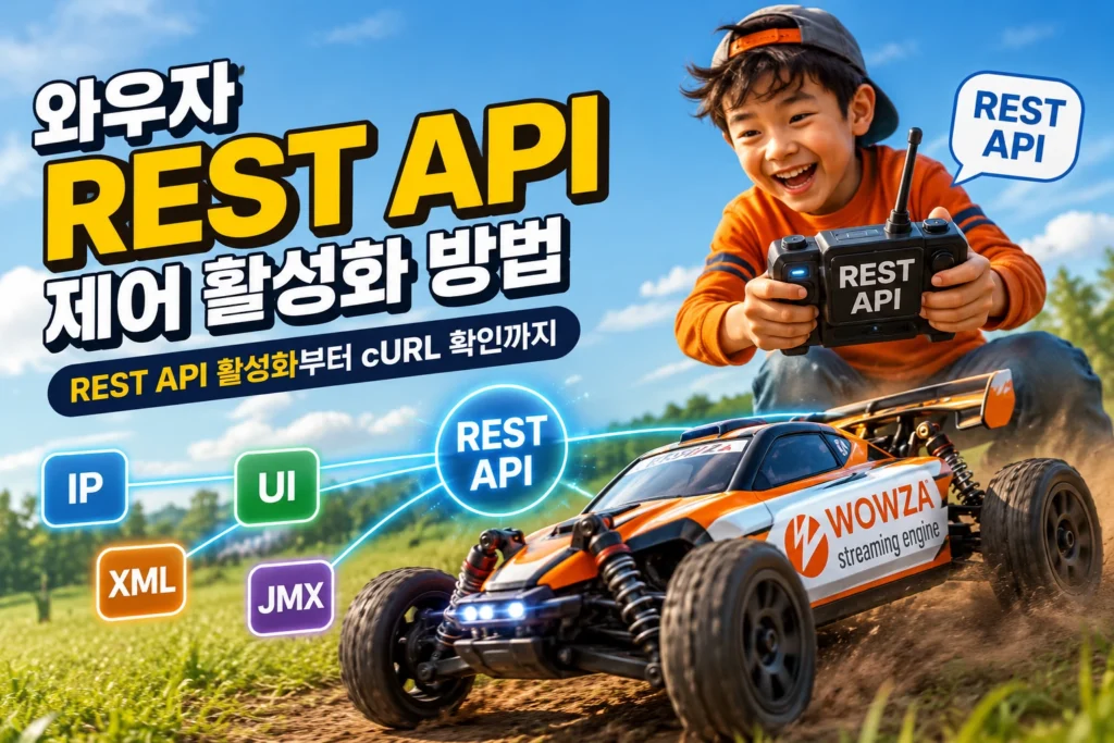 REST API를 이용해 와우자 스트리밍 엔진을 제어하는 것을 묘사한 가로 섬네일 이미지
