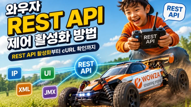REST API를 이용해 와우자 스트리밍 엔진을 제어하는 것을 묘사한 가로 섬네일 이미지