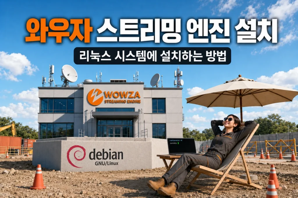 데비안 리눅스 기반 와우자 스트리밍 엔진 설치를 손쉽게 끝낸 엔지니어를 묘사한 가로 섬네일