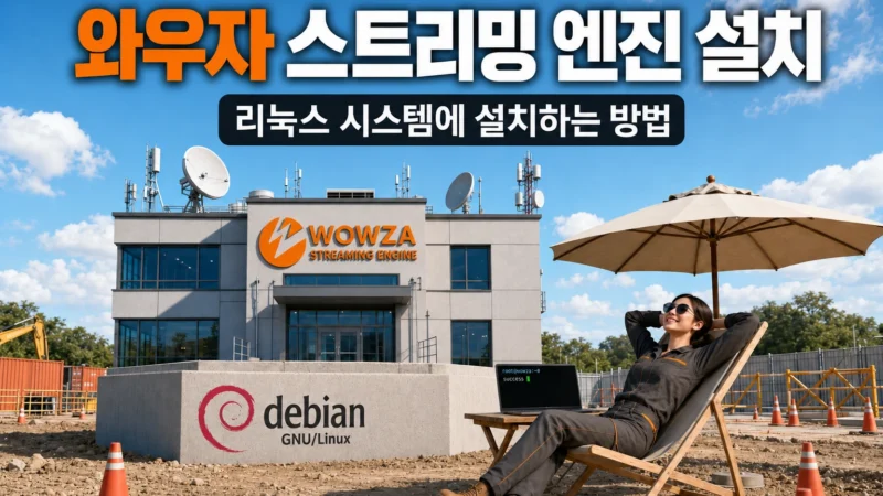 데비안 리눅스 기반 와우자 스트리밍 엔진 설치를 손쉽게 끝낸 엔지니어를 묘사한 가로 섬네일