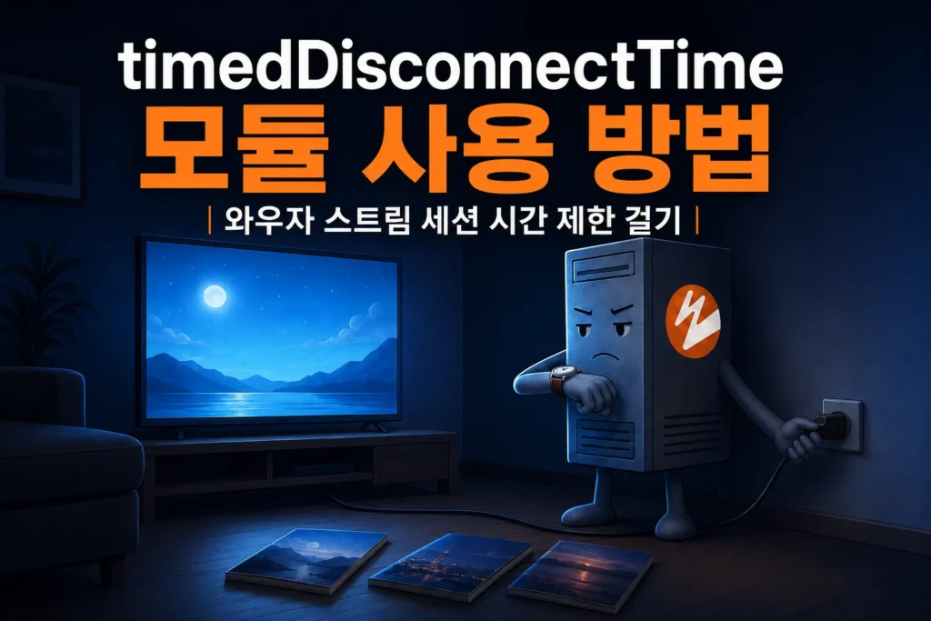 와우자 스트리밍 엔진의 timedDisconnectTime 모듈을 이용한 스트림 세션 시간 제한 기능을 묘사한 가로 섬네일 이미지
