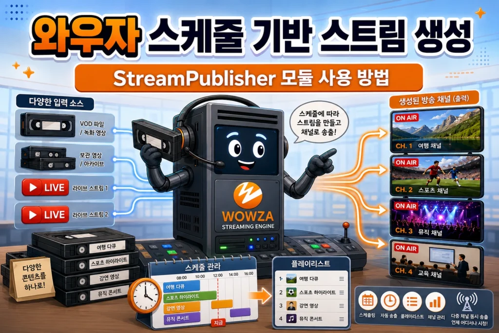 의인화된 와우자 스트리밍 엔진 서버가 여러 미디어 파일과 라이브 입력 스트림을 스케줄에 따라 조합해 새로운 방송 채널을 생성하는 장면을 묘사한 가로 섬네일 이미지