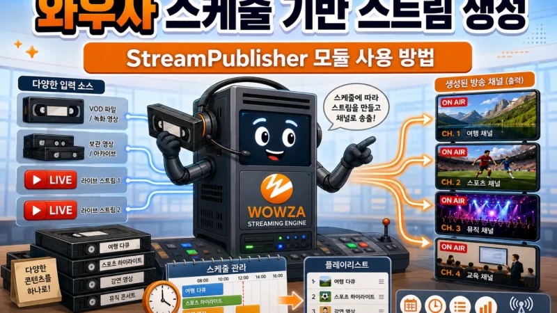 의인화된 와우자 스트리밍 엔진 서버가 여러 미디어 파일과 라이브 입력 스트림을 스케줄에 따라 조합해 새로운 방송 채널을 생성하는 장면을 묘사한 가로 섬네일 이미지