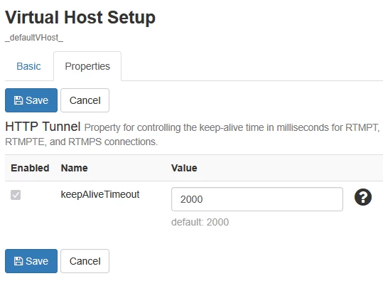 와우자 스트리밍 엔진 웹 UI에서 확인한 Virtual Host Setup의 HTTP Tunnel keepAliveTimeout 값 2000