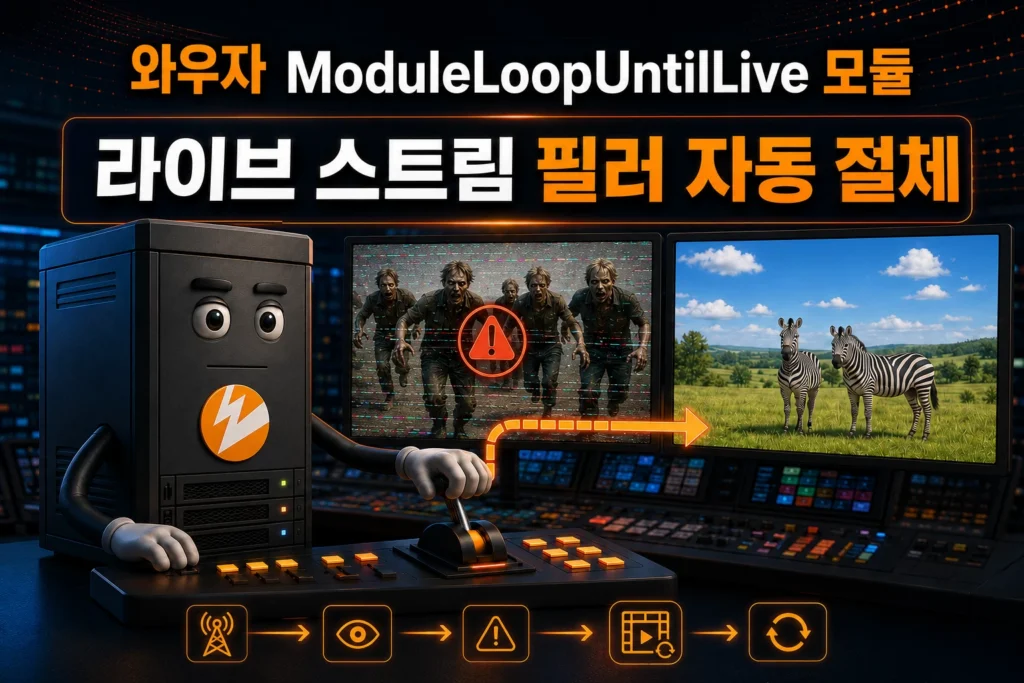 ModuleLoopUntilLive 모듈을 이용해 방송 사고에 대처하고 있는 와우자를 묘사한 가로 섬네일 이미지