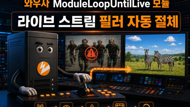 ModuleLoopUntilLive 모듈을 이용해 방송 사고에 대처하고 있는 와우자를 묘사한 가로 섬네일 이미지