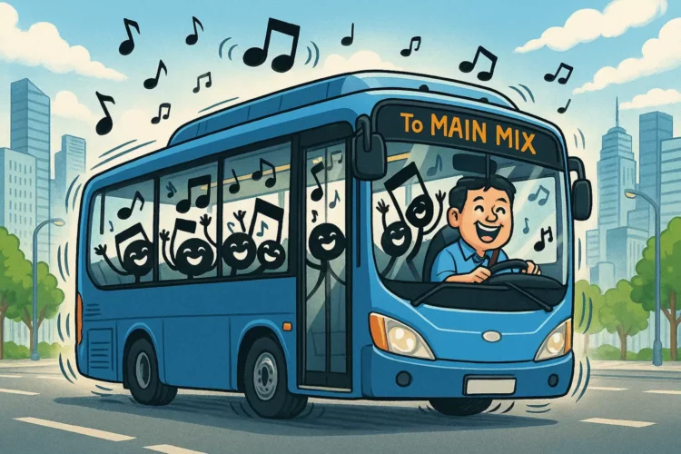 음표 모양의 오디오 신호들을 태우고 ‘TO MAIN MIX’ 목적지로 향하는 파란색 버스 일러스트