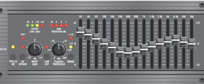 주파수 슬라이더와 입력 게인·LOW CUT·EQ BYPASS·RANGE·PeakPlus Threshold를 보여 주는 dbx 2215 한쪽 채널