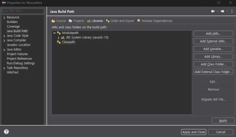 Eclipse Java Build Path의 Libraries 탭에서 Classpath를 선택하고 Add External JARs 버튼을 사용할 수 있는 화면