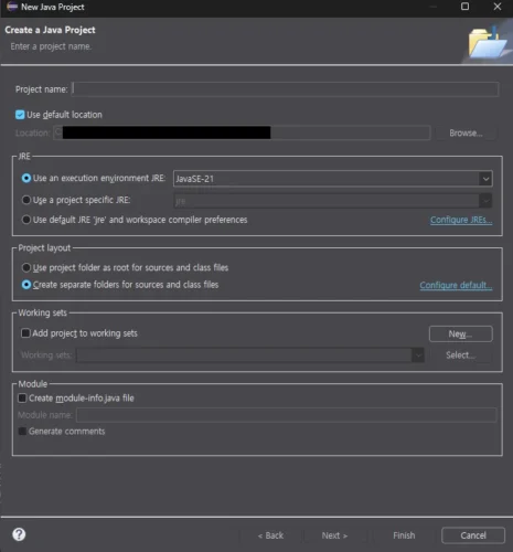 Eclipse의 New Java Project 창에서 실행 환경 JRE로 JavaSE-21이 선택된 새 Java 프로젝트 생성 화면