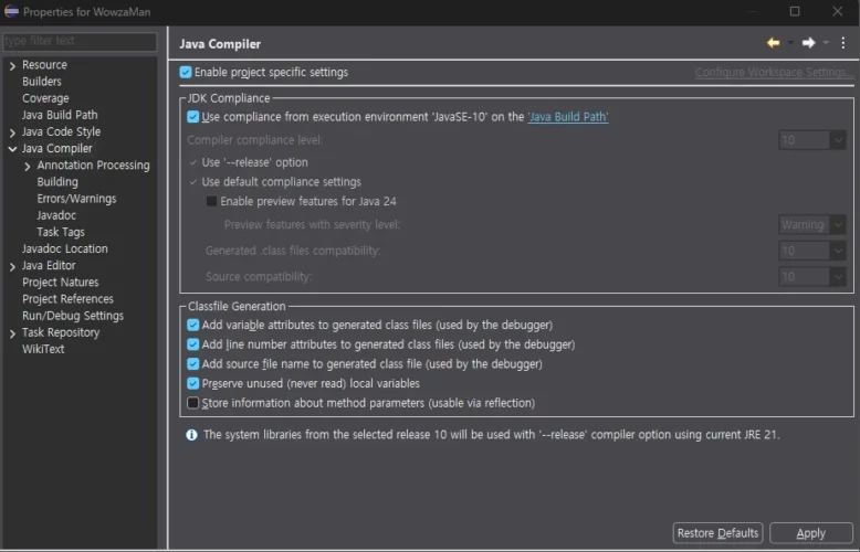 Eclipse Java Compiler 설정에서 JavaSE-10 실행 환경의 컴파일 호환성과 release 10 사용 상태를 확인하는 화면