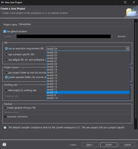 Eclipse New Java Project 창에서 JavaSE-24부터 JavaSE-1.8까지 실행 환경 목록을 열고 JavaSE-10을 선택한 모습